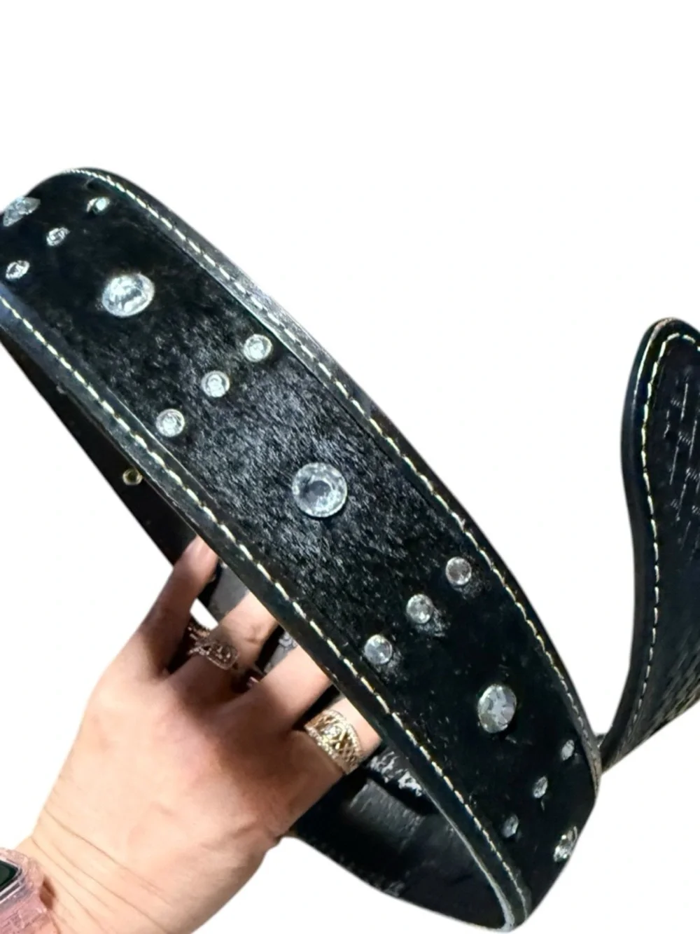 Black Rhinestone Western Belt removable Crystal Buckle faux fur woven‎ leather